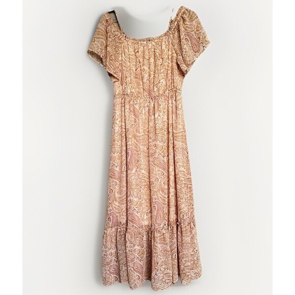 Rewind Paisley Midi Off Shoulder Dress Womens M Pink Tan Peasant Boho Cottage - Picture 1 of 9